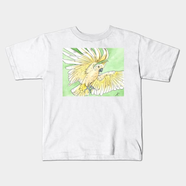 watercolor flying sulphur crested cockatoo hug with lineart Kids T-Shirt by Oranjade0122